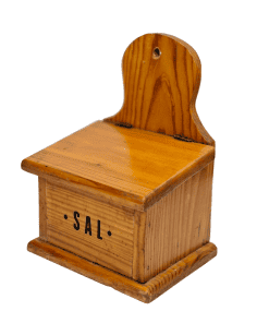 Vintage Spanish salt box in pine with wall mounted design and original “Sal” lettering