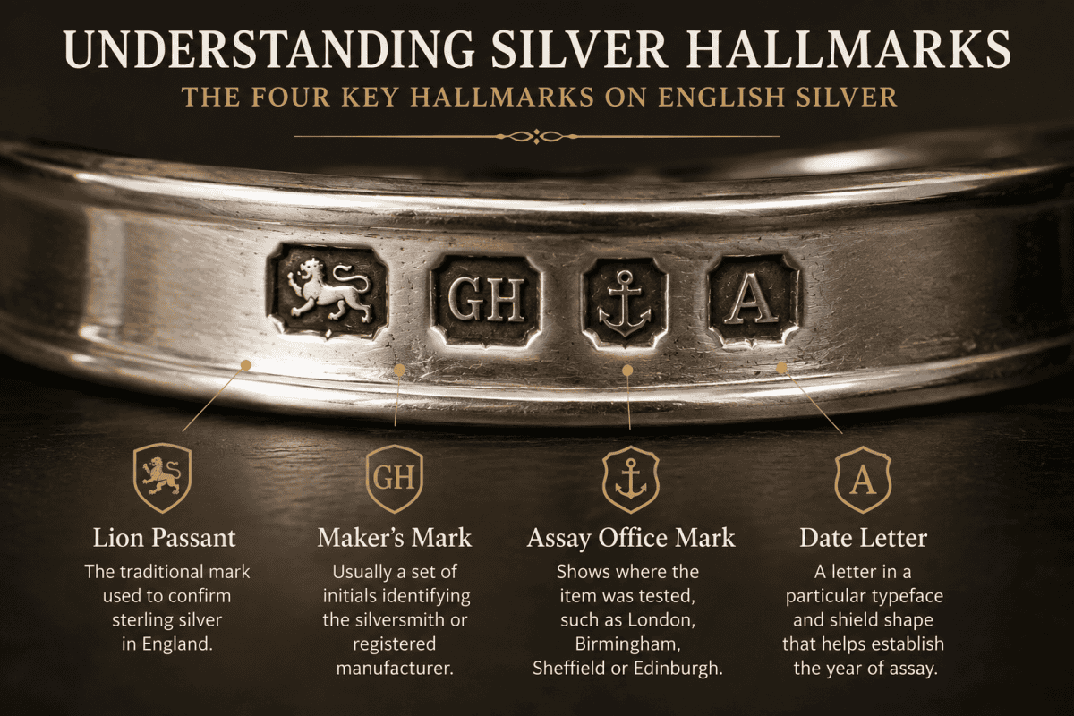 information plate showing typical English Silver Hallmarks