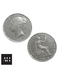 1854 penny coin showing side by side images of the obverse bun head and the reverse