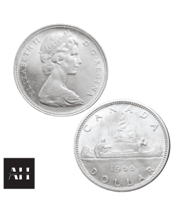 Full view of a high grade 1966 Canadian Silver Dollar showing obverse and reverse silver coin design.