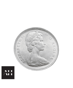 Obverse view of a 1966 Canadian Silver Dollar showing young portrait of Queen Elizabeth II.