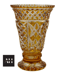 Amber vase cut to clear crystal pedestal vase front view