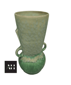 Green Beswick Art Deco drip glaze vase with twin loop handles shown from the front, featuring sculptural 1930s styling.