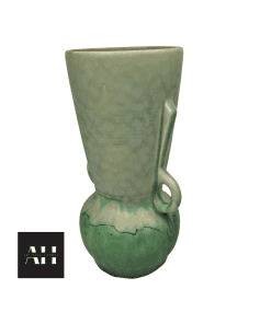 Close-up detail of mottled green drip glaze on a Beswick Art Deco ceramic vase showing natural glaze movement.