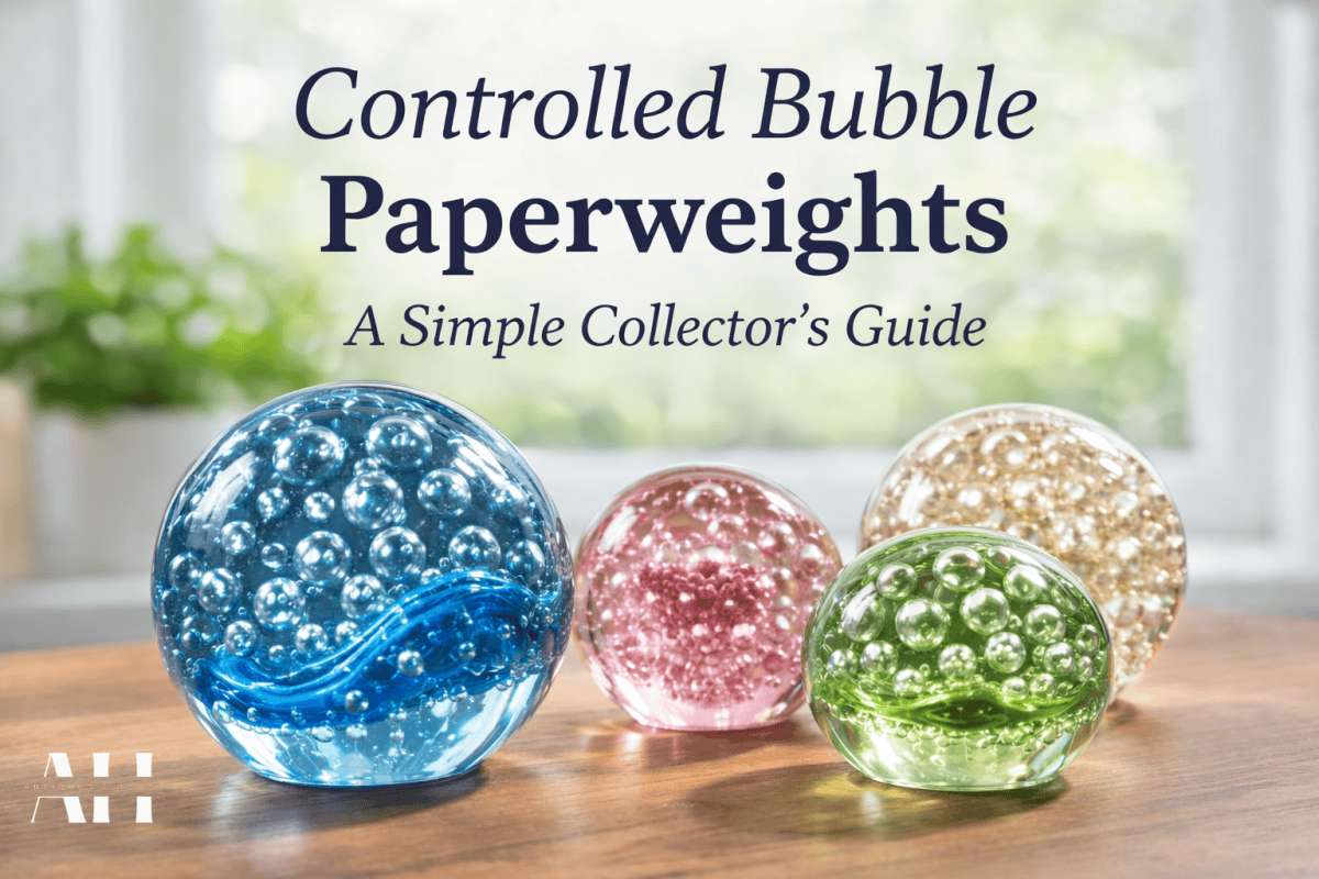 Controlled bubble paperweights in blue, green and pink studio glass showing evenly spaced internal air bubble patterns under natural light.