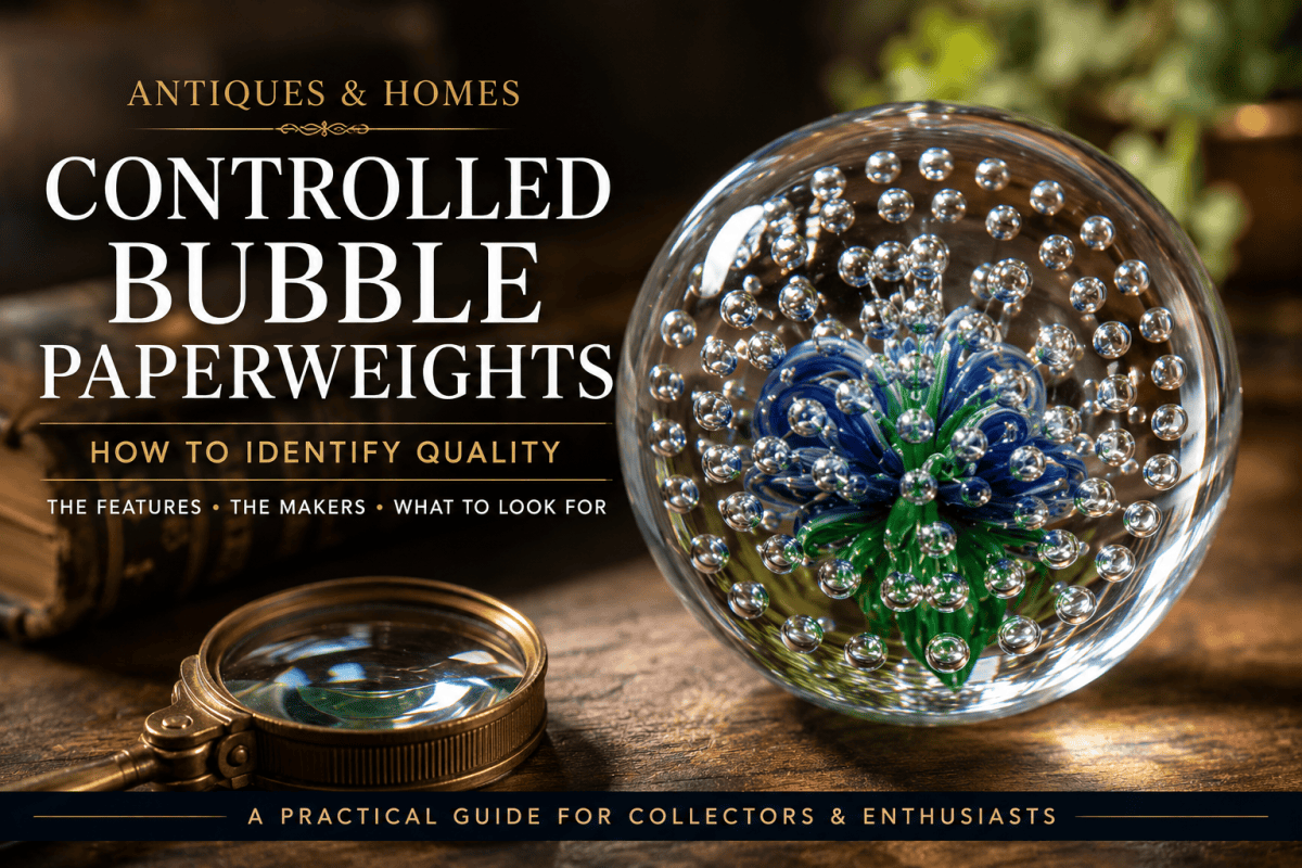 Controlled bubble glass paperweight with symmetrical bubble pattern and colourful floral centre displayed beside a jeweller's loupe in a traditional collector's setting.