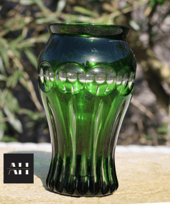 Angled view of Emerald Green Bohemian Vase showing thumbprint band detail