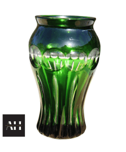 Emerald Green Bohemian Vase with thumbprint design and optic ribbed base front view