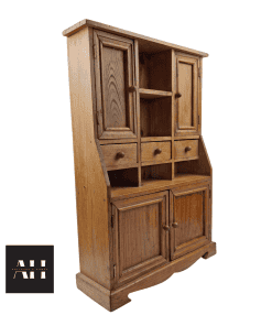 Angled view of a miniature pine dresser showing shelving and drawers in rustic shedwork style.