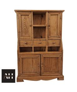 Front view of a shedowrk vintage miniature pine dresser with shelves, drawers and cupboard showing rustic character.