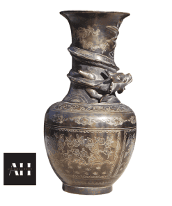 Chinese Brass Dragon Vase front view showing dragon chasing flaming pearl motif and dark aged patina