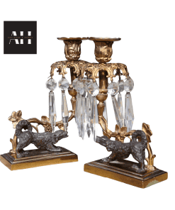 Pair of Antique Gilt Spaniel Candelabra with original glass crystal prisms and dark patinated spaniel bases, late Victorian period