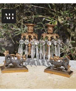 background view of antiques gilt spaniel candleabra