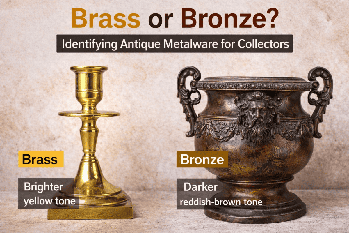 Comparison of antique metalware showing colour and patina differences between brass and bronze objects