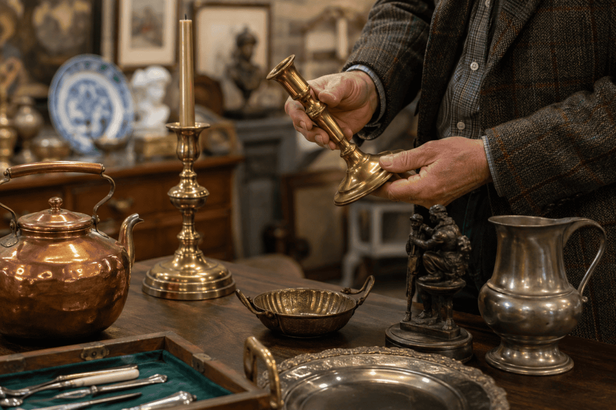 Collector carefully examining an antique brass candlestick surrounded by decorative antique metalware including copper, brass and bronze objects in a traditional antiques shop.