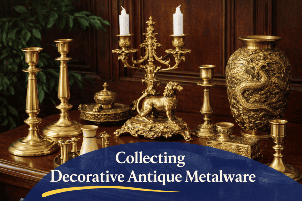 Decorative antique metalware collection including brass candlesticks, candelabra and decorative metal objects displayed on a wooden surface