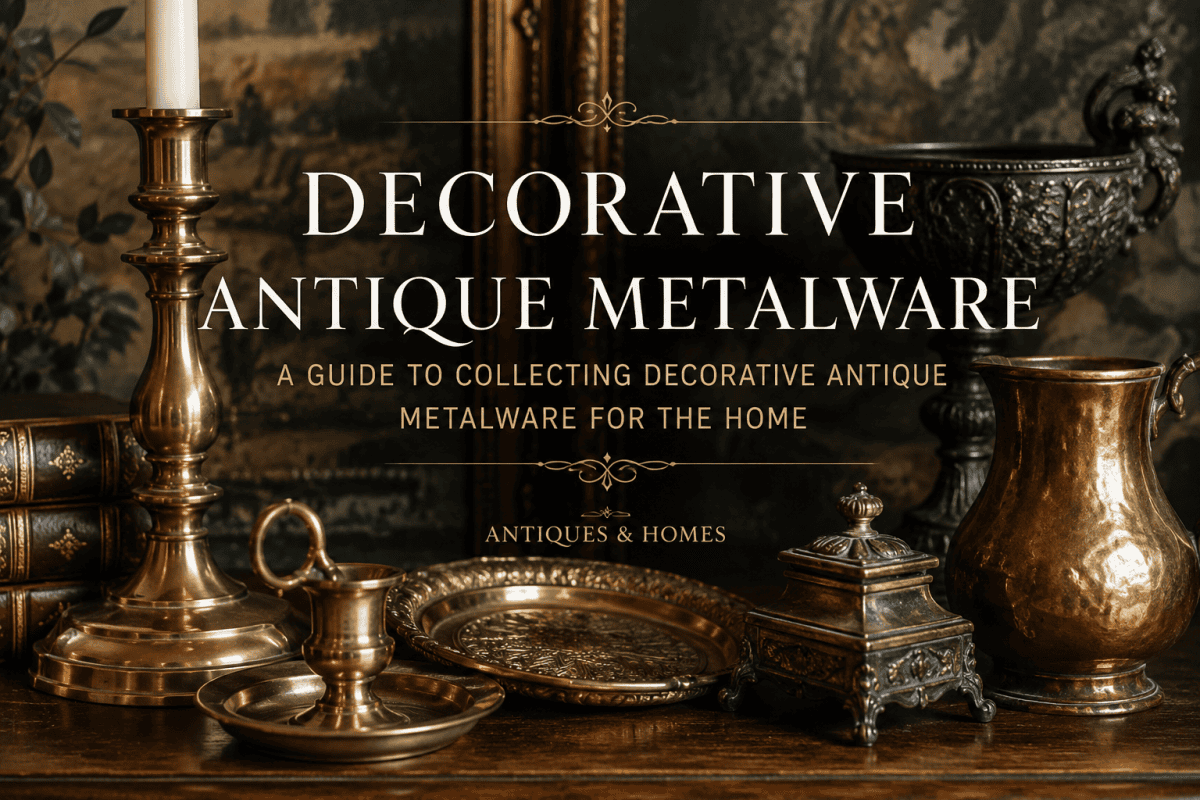 Collection of decorative antique metalware including brass candlesticks, copper jug, engraved brass tray and antique desk accessories displayed in a traditional period interior.