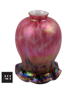 Loetz style glass shade with pink iridescent finish, pulled Phanomen trailing and frilled base, Bohemian art glass lamp shade