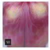 Close up of Loetz style glass shade showing vertical pulled trailing and iridescent pink surface detail