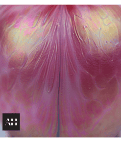 Close up of Loetz style glass shade showing vertical pulled trailing and iridescent pink surface detail