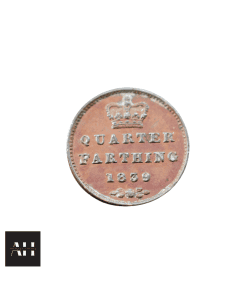 1839 quarter farthing copper coin showing Queen Victoria young head and clear legends