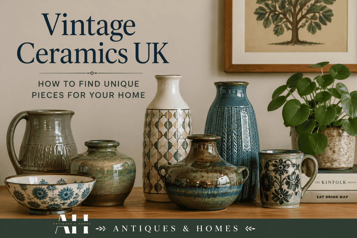 vintage ceramics UK display featuring decorative pottery and studio ceramics in a home setting