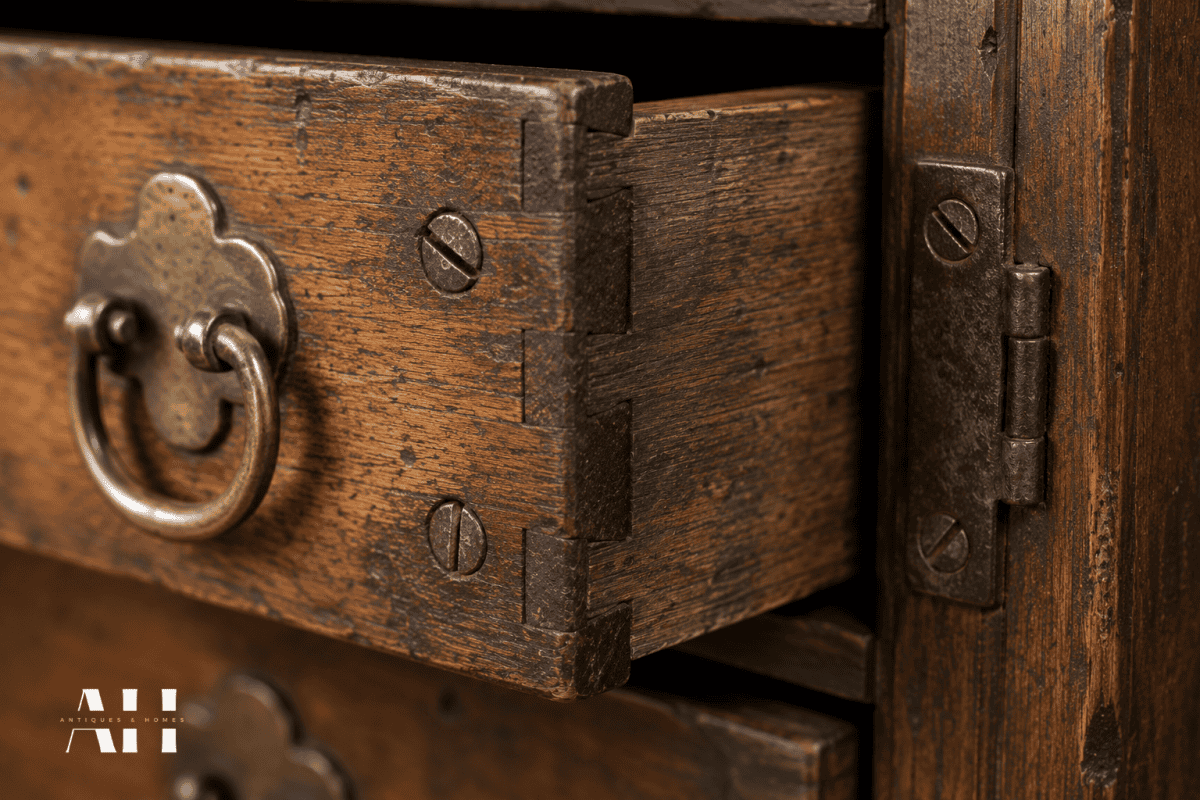 old handmade screws and dovetail joints on antique wooden furniture