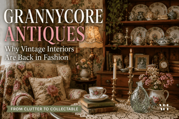 grannycore antiques featuring vintage ceramics brass candlesticks floral fabrics antique furniture and cosy traditional interiors