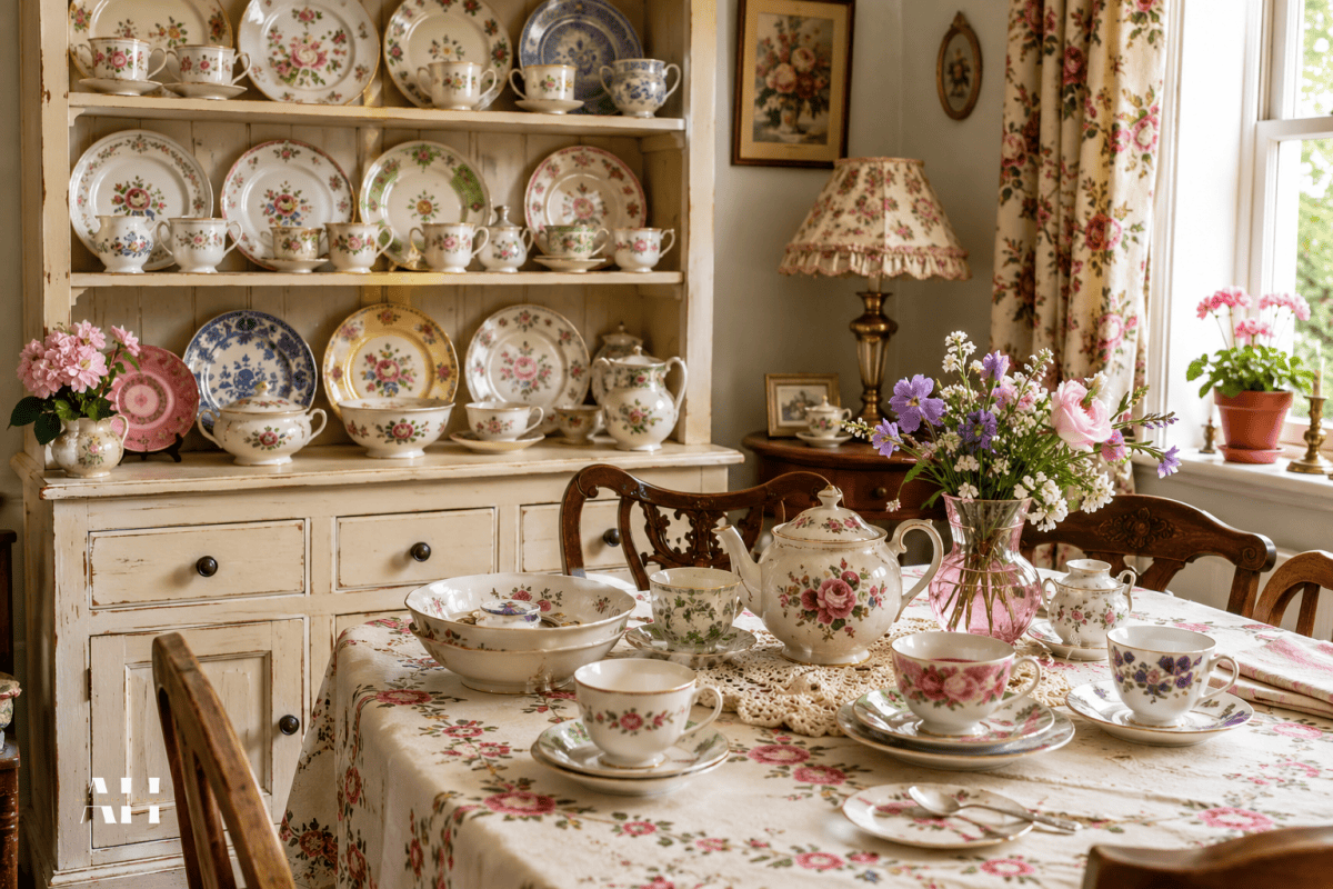 grannycore antiques display featuring vintage ceramics floral china and decorative tableware