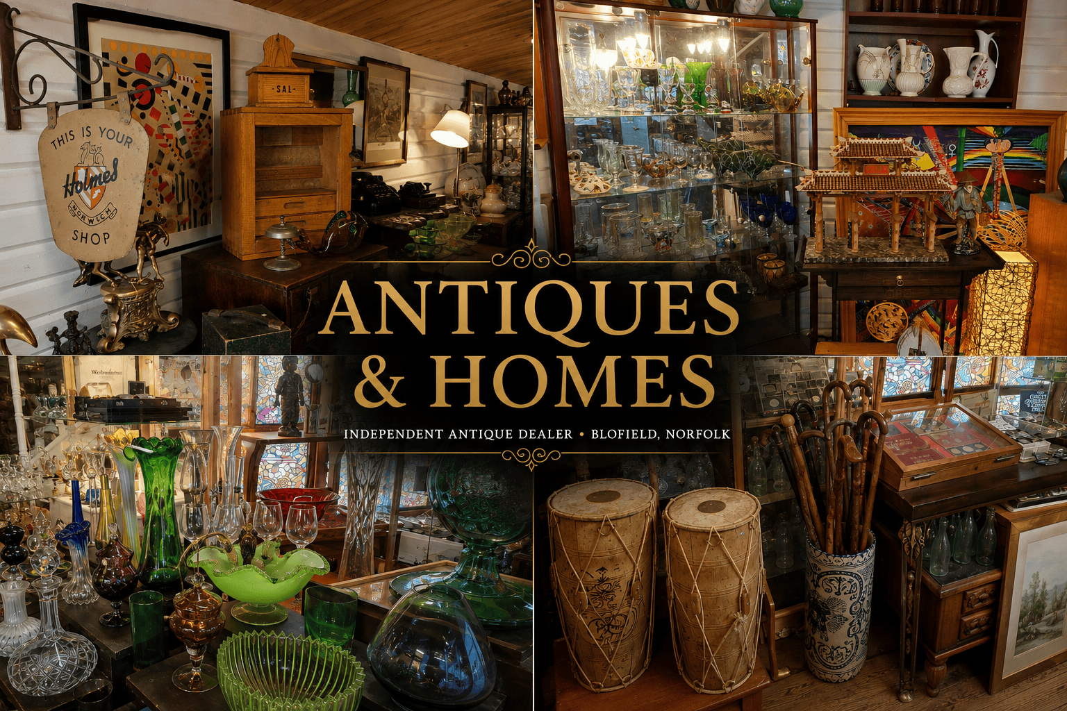 Collage showing the interior of Antiques and Homes in Blofield, Norfolk, with vintage glass, furniture, collectables and decorative antiques