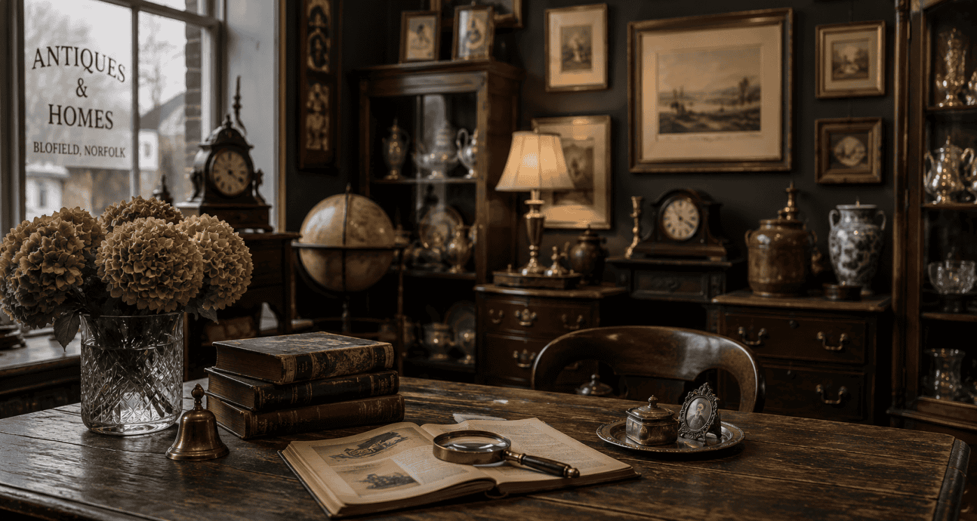 Warmly lit interior of Antiques & Homes in Blofield, Norfolk with antique furniture, clocks, books and collectables.