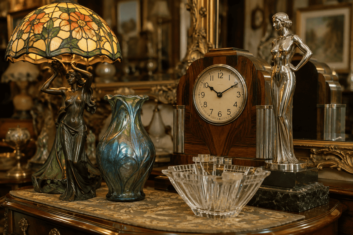 Art Nouveau lamp and glass vase displayed beside an Art Deco clock, chrome figure and cut-glass bowl in a warm antique interior.