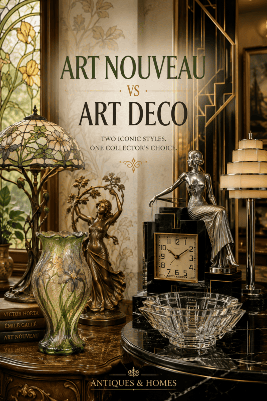 Editorial-style comparison of Art Nouveau and Art Deco featuring iconic lamps, sculpture, decorative glass and antique interiors in a premium magazine layout.