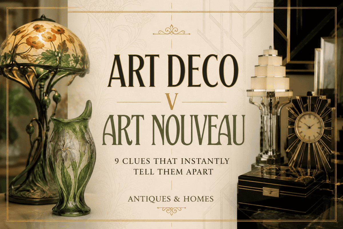 Art Deco v Art Nouveau comparison featuring classic decorative arts from both design movements