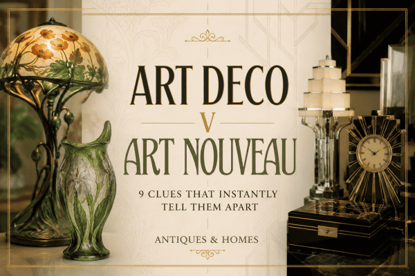 Art Deco v Art Nouveau comparison featuring classic decorative arts from both design movements