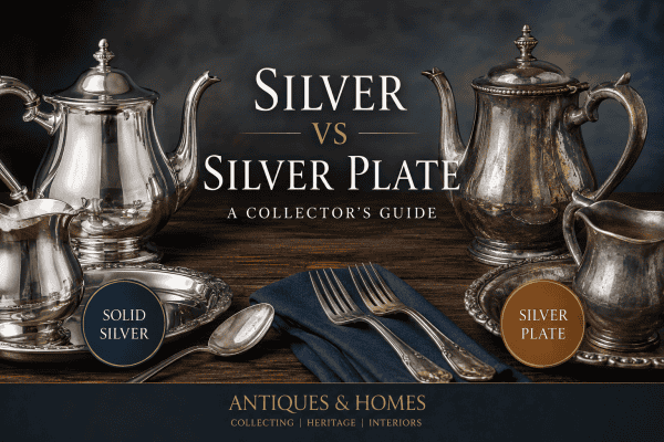 Solid sterling silver tea service beside antique silver plate tea service showing the difference between silver and silver plate