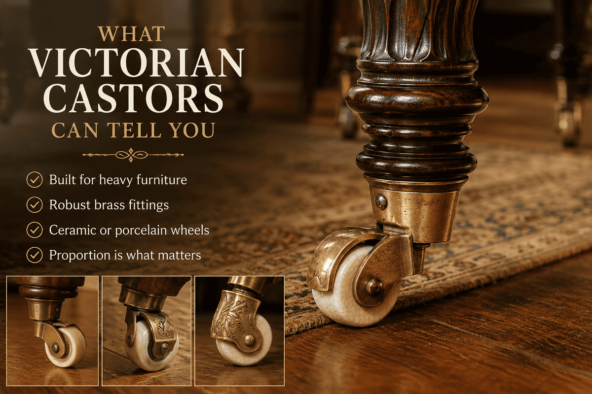 Victorian furniture castors showing robust brass fittings and ceramic or porcelain wheels