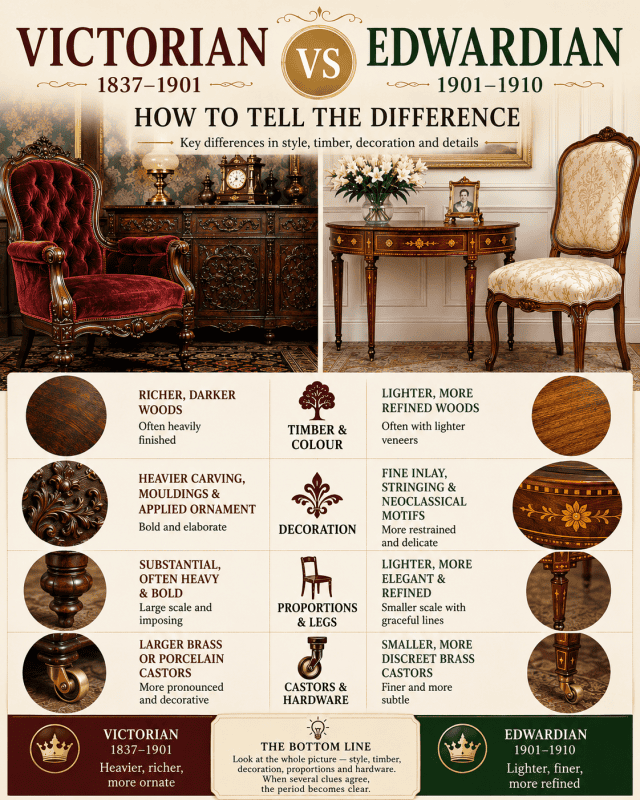 Victorian vs Edwardian furniture infographic comparing timber, decoration, proportions, legs, castors and hardware