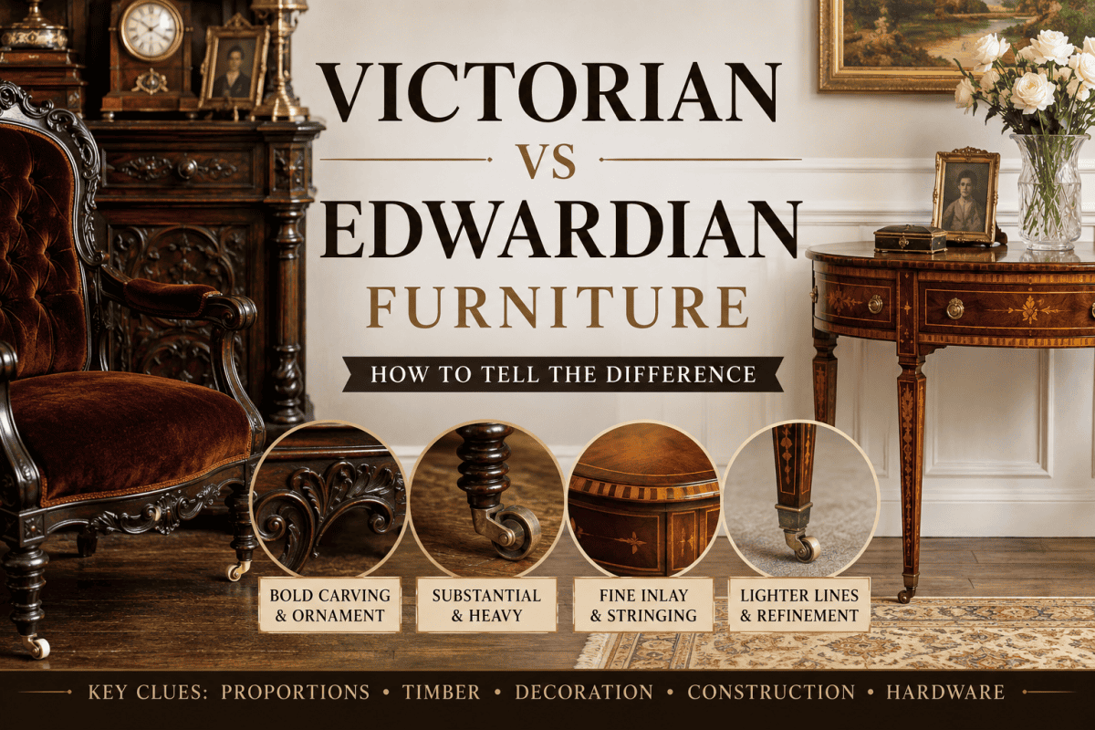 Victorian vs Edwardian furniture comparison showing key differences in style, timber, decoration and proportions