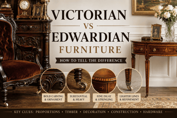 Victorian vs Edwardian furniture comparison showing key differences in style, timber, decoration and proportions