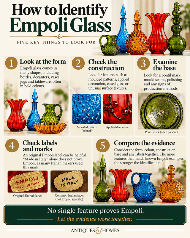 How to identify Empoli glass using five key clues including form, construction, base, labels and supporting evidence