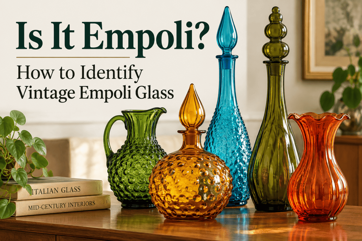 Is it Empoli guide showing colourful vintage Empoli glass bottles, decanters and vases