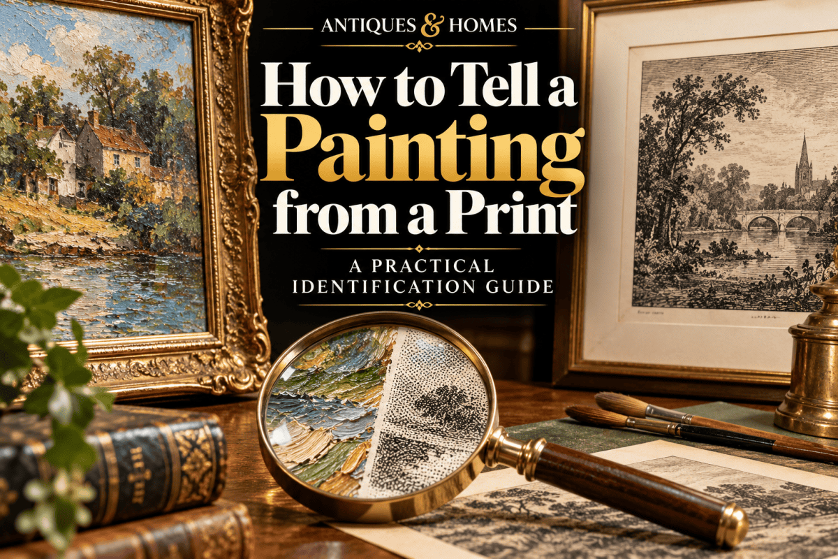 How to tell a painting from a print, showing an original oil painting, antique print and magnifying glass highlighting brushstrokes and printed details.