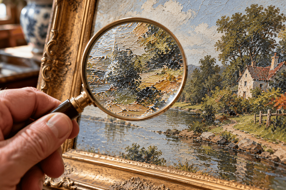 How to tell a painting from a print by examining the textured brushstrokes of an oil painting with a magnifying glass.